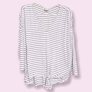 Bordeaux Coastal Striped Long Sleeve Top White Gray 3/4 Sleeves Size Large